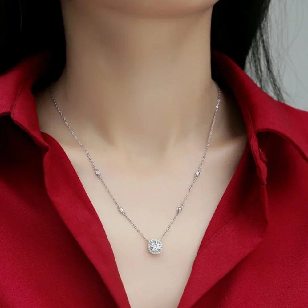 Certified 1ct. t.w. Moissanite Diamond Round Halo Chain Necklace NEW